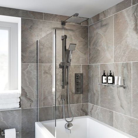 Thermostatic Square Concealed Shower Head Wall Mounted Adjustable Riser Handset (1/5)