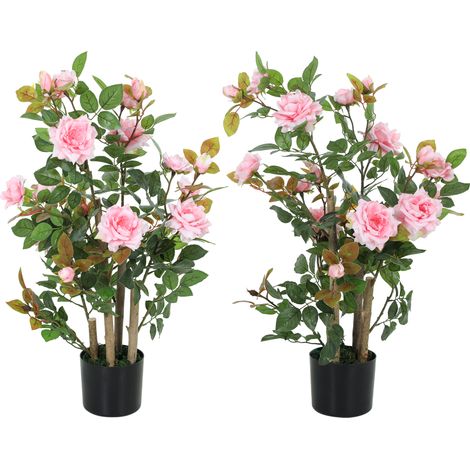 HOMCOM Artificial Rose Tree Set of 2 with 344 Silk Leaves & 17 Flowers, Pink