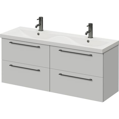 Napoli 390 Gloss Grey Pearl 1200mm Wall Mounted 4 Drawer Vanity Unit with Double Glide Basins - 1200mm - Gunmetal Grey 320mm Handle