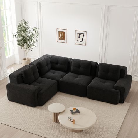 Canapé bas modulaire sans cadre velours côtelé confortable. Design antidérapant sans assemblage pour salon et bureau,noir. (1/5)