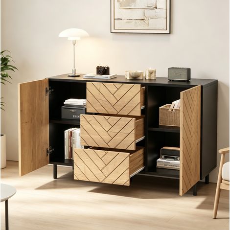 Credenza contenitore con 3 cassetti e 2 ante, in truciolato, 120x40x76 cm, legno naturale (1/5)