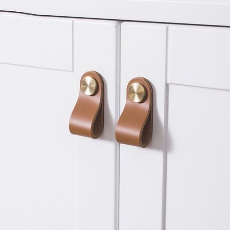 Poignées en cuir marron pour meubles, lot de 4, poignée de porte en cuir véritable, tiroir et placard, accessoire de cuisine, poignée de tirage en cuir pour armoire, finition élégante. (1/5)
