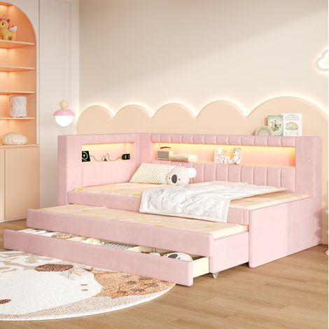 Lit enfant 90x200 cm avec LED, USB, lit gigogne et 3 tiroirs, structure en bois et tissu - rose (1/5)