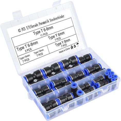 Raccord pour compresseur,Distributeur d'air Comprimé, Raccord dair Comprimé  6mm/ 8mm Connecteur d'air Comprimé 3 voies à dégagement rapide（42 PCS） (1/4)