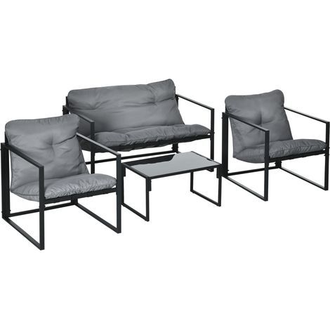 Salon de jardin 4 pièces 4 personnes avec canapé 2 places, 2 fauteuils et 1 table basse gris (1/5)