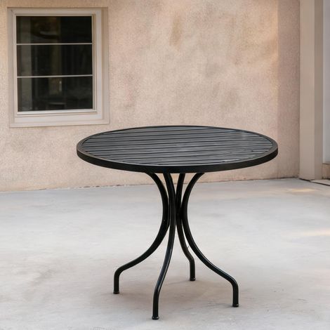 Table de jardin ronde en métal noir avec plateau nervuré en acier (1/5)