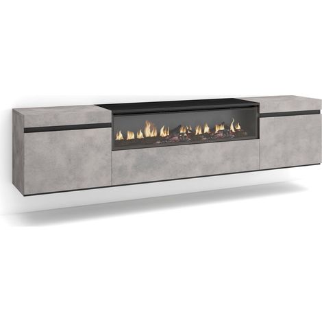 Skraut Home – Meuble TV suspendu mural avec cheminée électrique – Grand espace de rangement 102x45x35cm – Style moderne gris ciment (1/5)