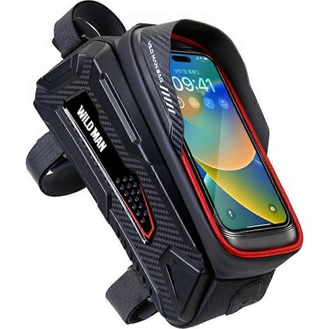 Sacoche avant de vélo étanche WILD MAN avec support pour téléphone à écran tactile, coque rigide, équipement de VTT, noir et rouge (1/5)
