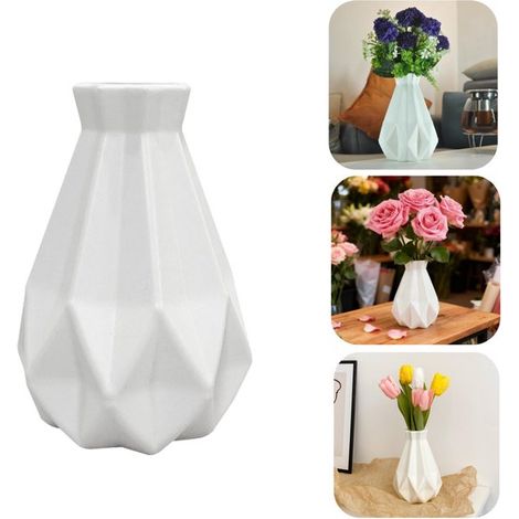 Vase en imitation porcelaine 20,5 x 11 cm - vase décoratif géométrique, blanc (1/4)