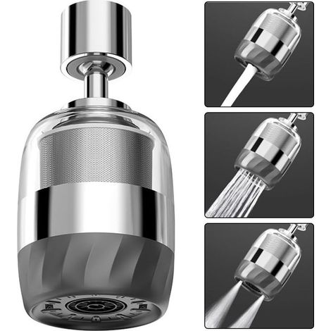 Doppelfilter-Küchenarmatur-Aufsatzfilter, 720° drehbar, spritzgeschützt, mit 3 einstellbaren Durchflussstufen, wiederverwendbarer Edelstahl-Luftsprudler (1/5)