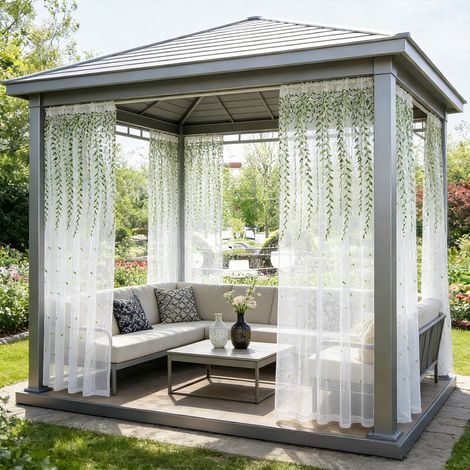 ROSNEK Rideau Voilage Extérieur Brodé Feuilles Anti-Moustique Passe-Tringle 140x225cm Blanc (Lot de 2)