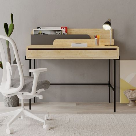 Scrivania in legno 60x110 cm colore bianco con dettagli antracite e gambe colore nero - Leila (1/5)