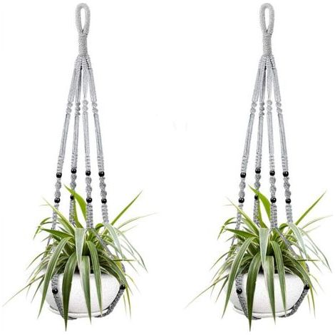 Deux paniers suspendus pour plantes d'intérieur, en corde de coton grise, de 98 cm de long, ornés de perles en bois. Crochets non inclus. (1/4)