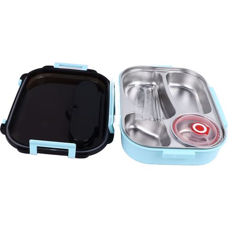 Boîte à lunch compartimentée de 2 L, 4 compartiments, en acier inoxydable, avec baguettes et cuillère, idéale pour le travail, les voyages et l'école. (1/5)