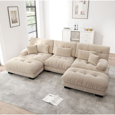 Modulares U-Sofa hellbraun Chenille mit Ottomane und tiefem Sitz (1/5)