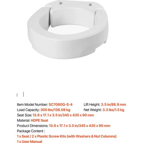 Siège de toilette surélevé, capacité de charge de 300 lbs, hauteur de levée de 3,5 pouces, Pas d'accoudoirs standard (1/2)
