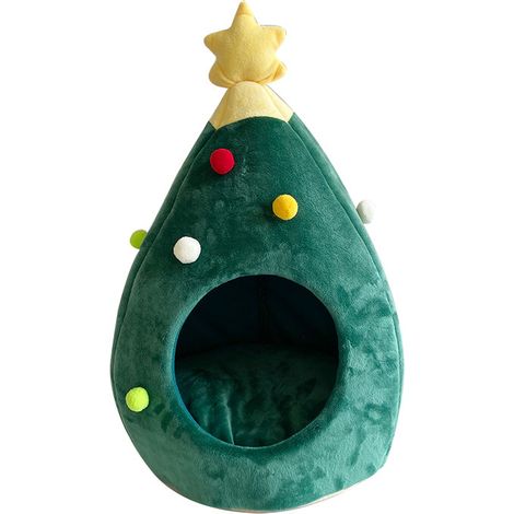 Nid douillet chat Noël - Igloo pour chat sapin de fête - Lit chaud portable pour animaux - Tanière hivernale confort 65x45x45 cm - Adapté petits et moyens chats et chiens, intérieur, déco festive - Ve (1/5)
