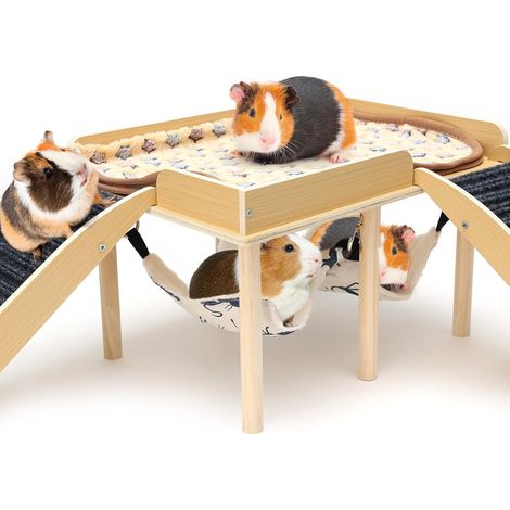 Maison Cochon d'Inde avec 2 Rampe et Hamac, Naturel Cabane Lapin Intérieur, Cachette en Bois Petits Animaux de Compagnie, Hamsters Nains, Chinchilla
