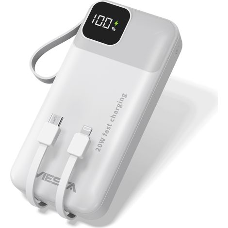 Powerbank USB-C [20.000mAh] Weiß - Fast Charging 22.5 W, PD20 W Type-C Input & Output, Integrierte Type-C, Micro Kabel, USB-Eingang, Digital Display &Flashlight, Battery Bank Powerbank