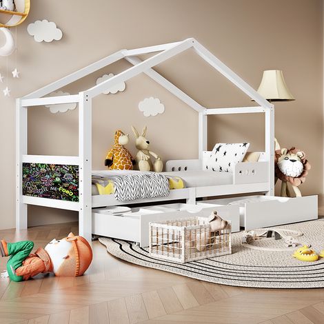 Nmonet – Lit cabane 90x200 cm – 2 tiroirs de rangement – Planche à dessin – Sommier à lattes en bois – Design en forme de maison – Blanc (1/5)