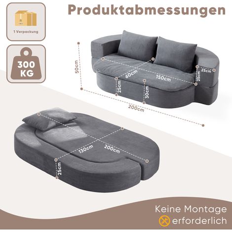 Klappbares Schlafsofa 200x130x50 cm hellgrau, mit 2 Kissen, Stoff, ohne Montage (1/5)