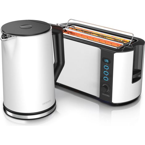 Arendo Frühstücksset, 1,5L Wasserkocher, Langschlitz Toaster 4-Scheiben, Weiß (1/5)