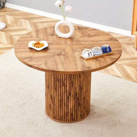 Mesa de comedor redonda Ø 100 cm efecto madera de MDF con base cilíndrica (1/5)