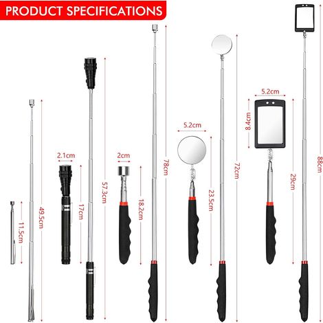 Lot de 5 outils de ramassage magnétiques Outils de ramassage magnétiques rétractables Comprend un aimant rétractable de 1,5/20 lb Miroir d'inspection carré/rond avec LED et lampe de poche Rotation à 3 (1/4)