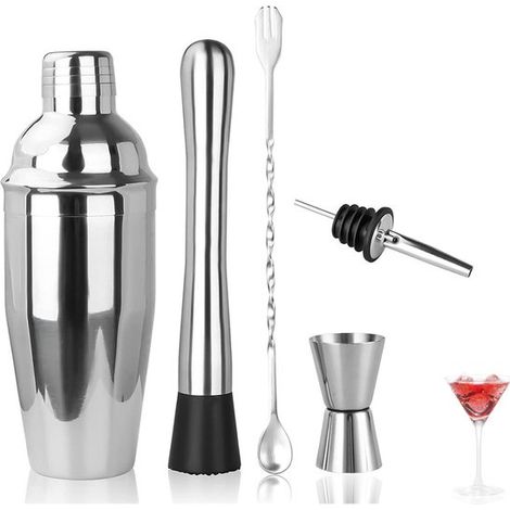 Set da 5 pezzi per cocktail Martini, shaker, miscelatore per cocktail in acciaio inossidabile, misurino, cucchiaio per mescolare, beccuccio versatore, 750 ml per Ha (1/5)