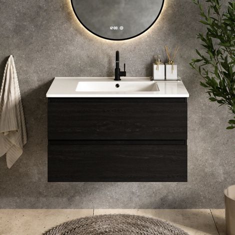 Badezimmermöbel Luma - 80 cm - Schwarz Eiche - Weißes Waschbecken (1/4)