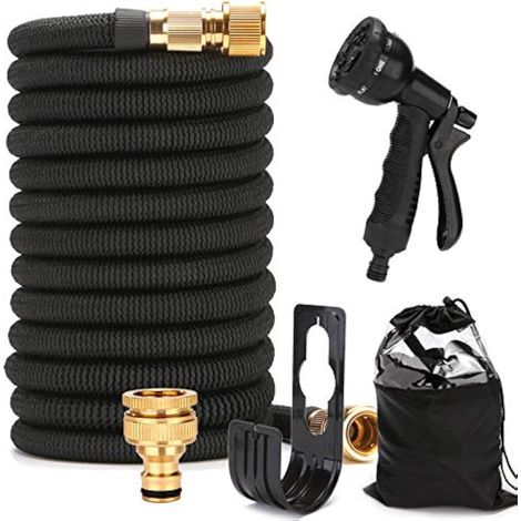 Tuyau d'arrosage extensible, 3 couches en latex, léger, 3/4" et 1/2", connecteurs en laiton massif noir, tuyau d'arrosage flexible anti-torsion avec 8 fonctions de pulvérisation (7,6 m) (1/5)