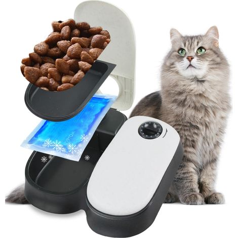 Automatic Cat and Dog Feeder, Automatic Pet Feeders with Timer and Ice Pocket, for Use with Wet and Dry Food (2 Meals) (1/5)