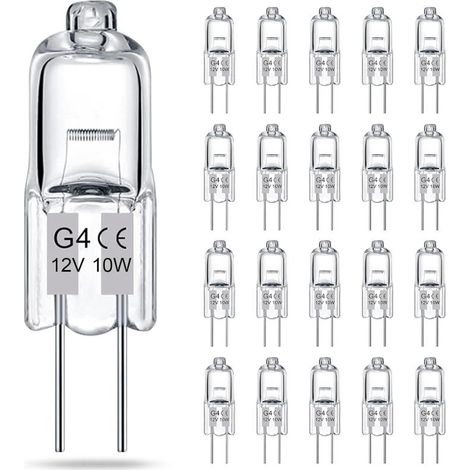 Paquete de 20 bombillas halógenas de baja tensión G4 transparentes, 12V 10W, regulables, de larga duración, con dos pines, para lámparas de cristal y difusores de aromaterapia (1/5)