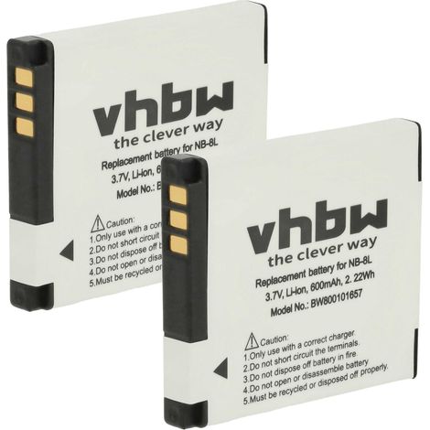 vhbw 2x Akku Ersatz für Canon NB-8L für Kamera (600 mAh, 3,6 V, Li-Ion) (1/5)