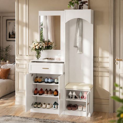 Meuble chaussures avec miroir, banc d'entrée et penderie, 110 x 33 x 185,5 cm, blanc HAVRYA (1/5)