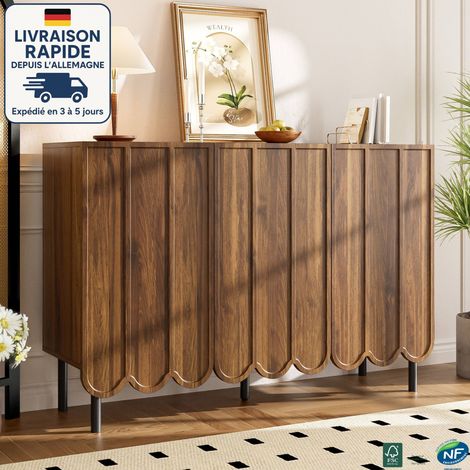 MODFU - Aparador de cocina de 3 puertas, con estantes y patas regulables, mueble de almacenaje para entrada de salón, MDF, 120×35×80cm, marrón (1/5)