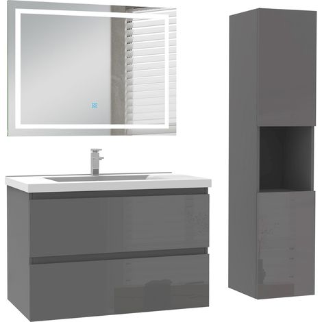 Ocean Ensemble de Meuble de salle de Bain 79cm Anthracite Haut Brillant avec Miroir LED, colonne 131.5 cm (1/5)