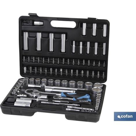 COFAN maletín 94 pcs standard 1/4 y 1/2 , Juego de carraca multiherramienta 94 piezas en maletín de plástico incluyendo carracas, extensibles, accesorios y vasos en 1/4 y 1/2. (1/3)