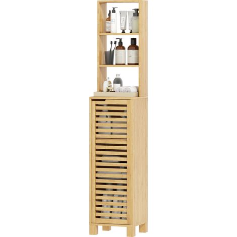 Armoire de salle de bain étroite, armoire haute à 3 étagères ouvertes et réglables, porte à lattes, 34 x 30 x 170 cm, finition naturelle