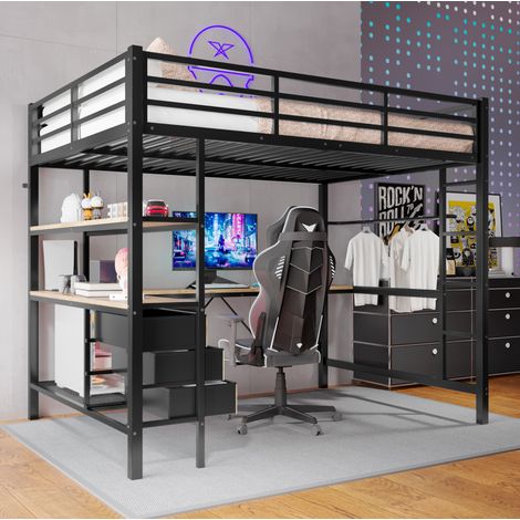 MEUBLIV Lit mezzanine 140x200 cm noir – bureau, LED et rangements, sans matelas (1/5)