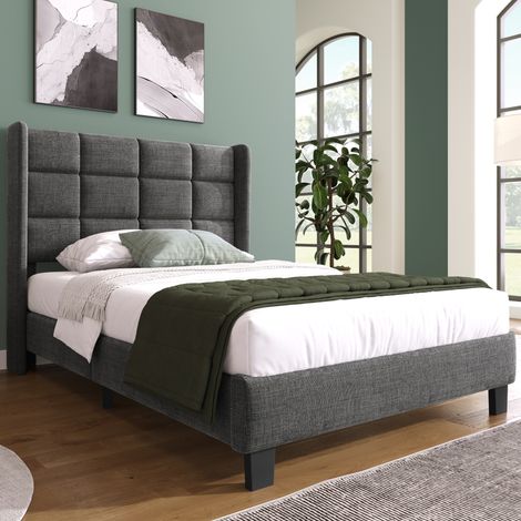 Bett Leinen Grau 90x200 cm mit hohem gepolstertem Kopfteil und Lattenrost (1/5)