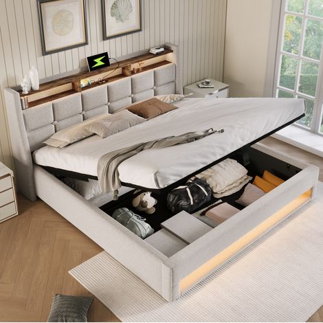 Bett Vintage-modern 140x200 cm, gepolstert mit Kopfteil, LED, USB und Stauraum mit Gasdruckfeder, Beige (1/5)