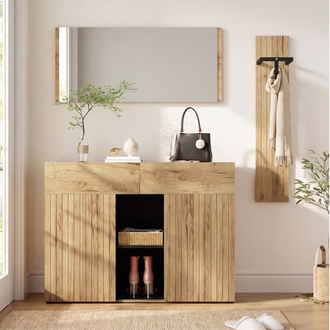 MODFU – Ensemble entrée 125x35x178 cm MDF – Miroir, penderie et meuble chaussures – Anti-basculement et 50 kg – Entrée – Noir/bois naturel (1/5)