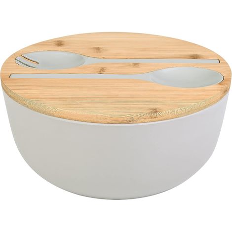 1 saladier en fibre de bambou, 25 cm, avec couvercle et cuillère incluses, pour salades, fruits et décoration (1/5)