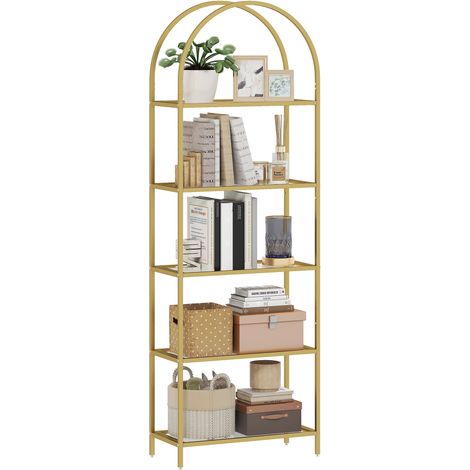Bibliothèque en verre à 5 niveaux, meuble de rangement arqué, bibliothèque étroite, 60 x 30 x 175 cm, dorée (1/5)