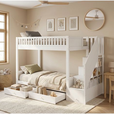 Lit superposé 90x200 cm avec escalier de rangement, 2 tiroirs et barrières de sécurité, bois blanc (1/5)