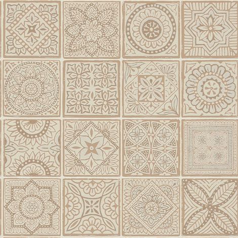 Papier peint à ornement beige et orange Tapisserie aspect carreaux en mosaïque Papier peint style boho idéal pour chambre (1/4)