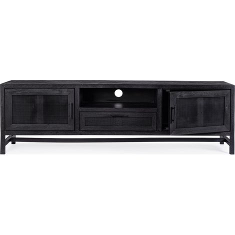 Meuble TV 2 portes 1 tiroir en bois massif noir de manguier et rotin noir Waky 180cm (1/5)