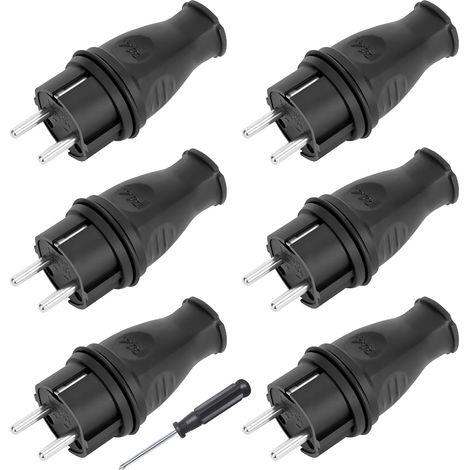 6 Fiches Electriques, Schuko Male 250V 16A, IP44 Noir, Pour Cable Interieur Exterieur, Avec Tournevis (1/5)