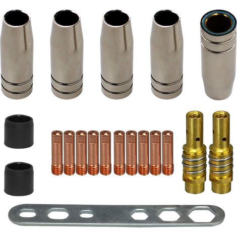 MB15 15AK MIG MAG Embouts de Contact de Buse de Soudage Consomable Kit (10 x Tube de Contact M6 0,8 mm, 5 x Buse, 2 x Connecteur, 2 x Isolant, 1 x Outil), 20 Pièces (1/4)